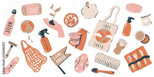 Zero waste lifestyle vector illustration set, No plastic. Eco bag, wooden cutlery, comb, toothbrush, loofah,soap, shampoo, menstrual cup and pad. Nature protection banner with place for text