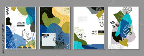 Vector collection of four trendy creative cards with hand drawn floral elements, palnts and different textures.