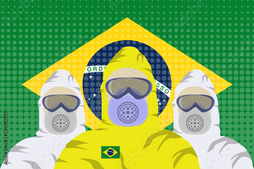 Illustration vector graphic of image health workers in protective hazmat suit isolated on Brazil flag background with halftone effect. Safety virus infection concept.