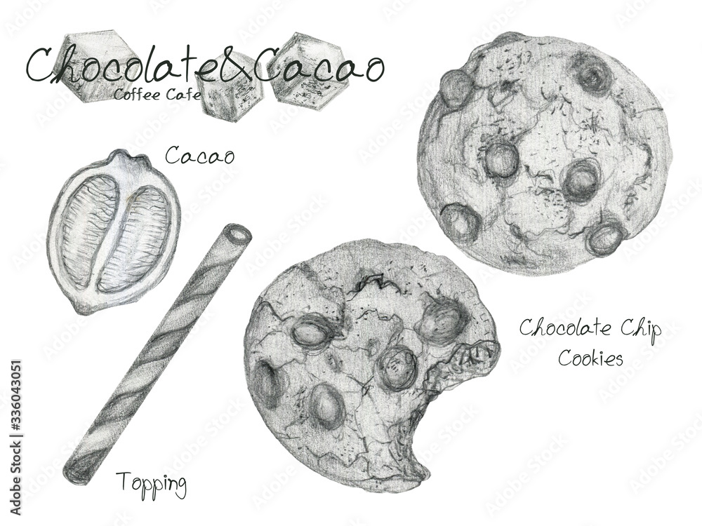 Sketch pencil line Icons of chocolate beans  topping chocolate chip cookies Illustrations design for restaurant, cafe, bar, coffeehouse, coffee shop Illustration by hand