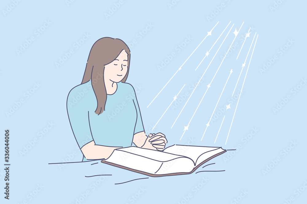 Prayer, blessing, religion, Bible, faith concept. Young happy religious woman or girl prays in room above open Bible. Asking, request. Faith in God drawn in cartoon style. Blessed light. Vector.