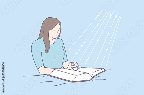 Prayer, blessing, religion, Bible, faith concept. Young happy religious woman or girl prays in room above open Bible. Asking, request. Faith in God drawn in cartoon style. Blessed light. Vector.