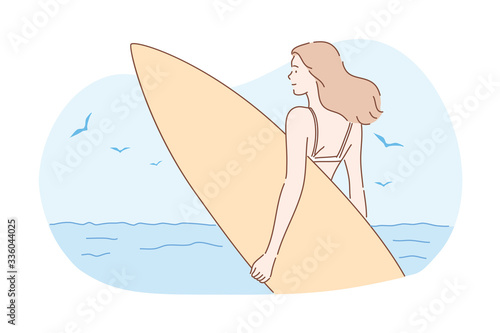Surfing, sport, summer vacation concept. Young happy woman surfer in bikini, girl teenager athlete stands on sea ocean coast with surfboard. Exstreme sport activity. Lifestyle. Summer vacation. Vector