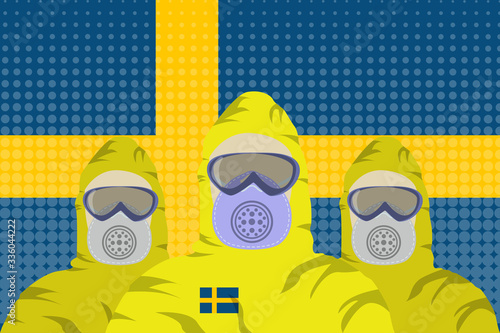 Illustration vector graphic of image health workers in protective hazmat suit isolated on Sweden flag background with halftone effect. Safety virus infection concept.