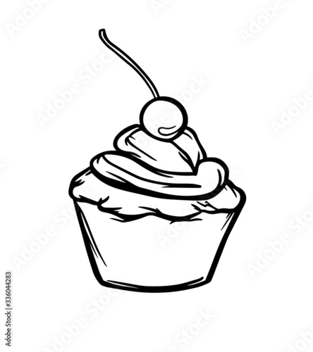 cupcake with cream and cherry dessert relish vector illustration isolate outline a sweets baking banner coloring object kitchen pastry shop