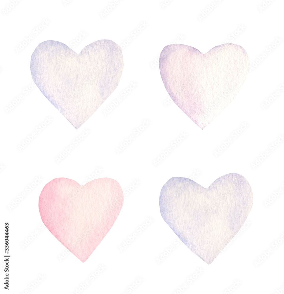 Watercolor hand painted simple heart collection , pastel colors. Stock illustration.