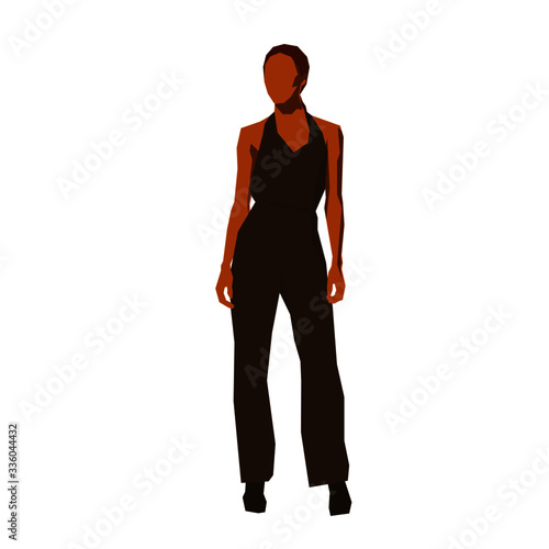 Woman model standing in trouser suit, flat design geometric vector illustration. African american lady in modern brown clothing