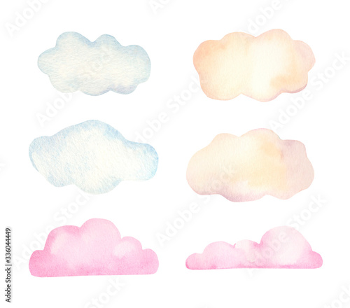 Watercolor hand painted simple clouds collection, pastel colors. Stock clouds illustration.