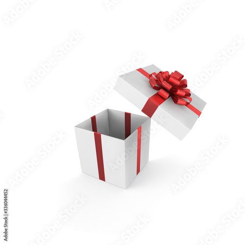Realistic open white gift box with satin red bow. isolated on white background. Vector illustration