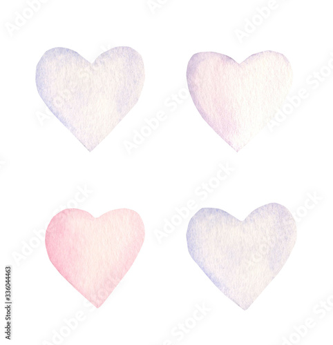 Watercolor hand painted simple heart collection , pastel colors. Stock illustration.