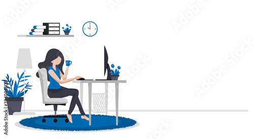 Work form home or work at home concept background of woman working with computer on table in room at her home with a cup of coffee with your copy space.