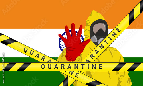 Illustration vector graphic of image man wearing hazmat suits to prevent Coronavirus and diseases on india flag background. Vector of yellow quarantine tape. Concept of covid-19 quarantine.