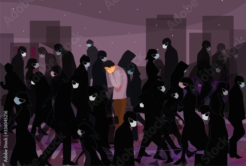 Novel coronavirus (2019-nCoV). People in a white medical mask. Illustration of a coronavirus quarantine.