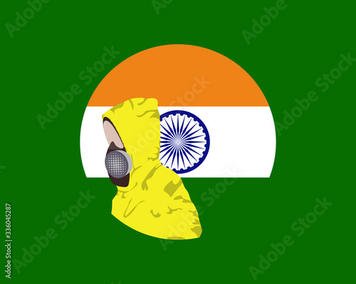 Illustration graphic of image man wearing hazmat suits to prevent Coronavirus and diseases on round india flag background. Wuhan virus disease. Vector EPS10. covid-19.