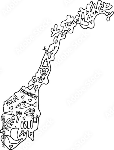 hand drawn doodle Norway map. Norwegian city names lettering and cartoon landmarks, tourist attractions cliparts. travel, trip comic infographic poster.