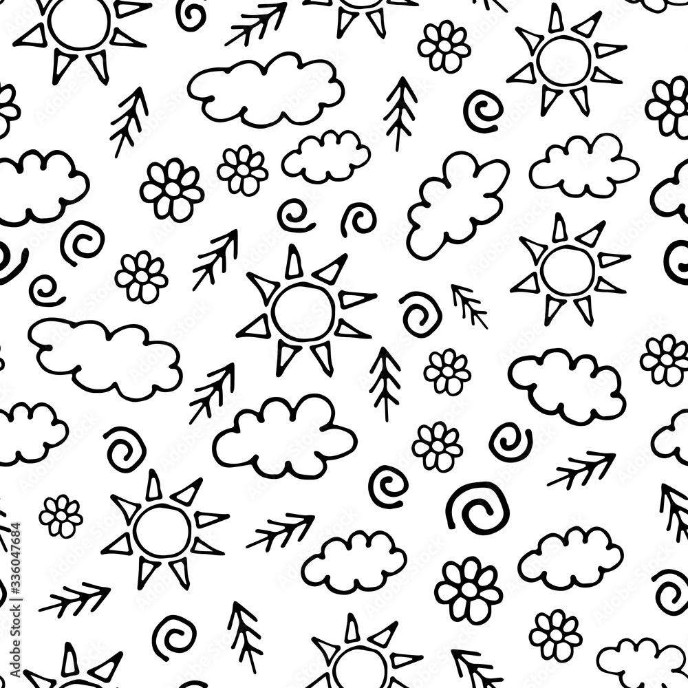 Obraz premium Charming summer or spring pattern with the sun, clouds and flowers on an isolated background. Vector illustration. Stock illustration. You can use this pattern on wrapping paper or print on fabric.