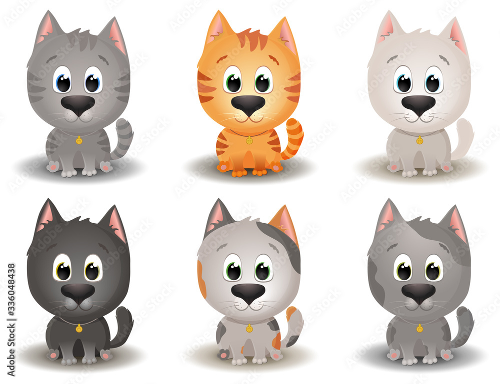 Vector set with cute cats breeds in cartoon style. Game UI Flat. Little kittens in different colors Vector set with cute cats breeds in cartoon style. Game UI Flat. Little kittens in different colors