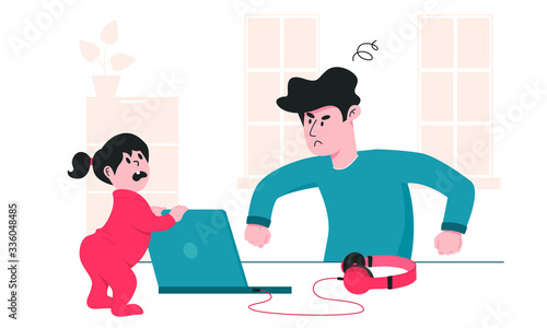 Father is angry at his little daughter, who constantly interferes him from work. Parenting problems during covid-19 quarantine. Working from home and staying safe colorful vector illustration.