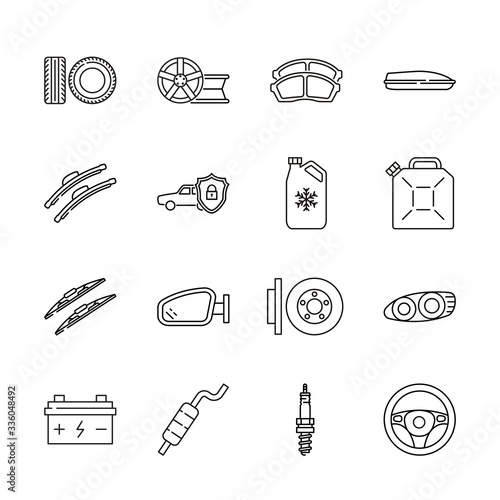 Auto parts for car service line icon set. Vector illustrations to indicate product categories in the online auto parts store. Car repair. Brake pad, wheel, tire, wiper blade, spark plug, brake rotor