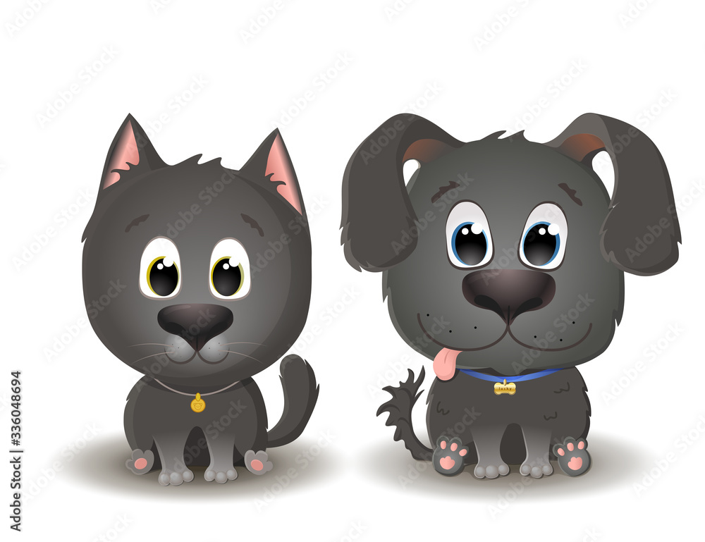 Obraz premium Vector cute black dog and cat with big eyes in cartoon style. Little kitten and Puppy sits and smiles. Flat illustration