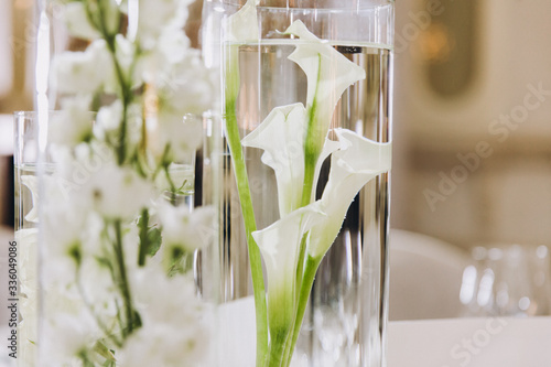 Wedding decorations. On the tables in the banquet hall are compositions of vases with water and white flowers