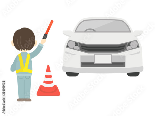 自動車の交通整理を行う男性のイラスト