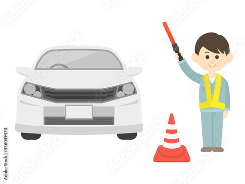 自動車の交通整理を行う男性のイラスト