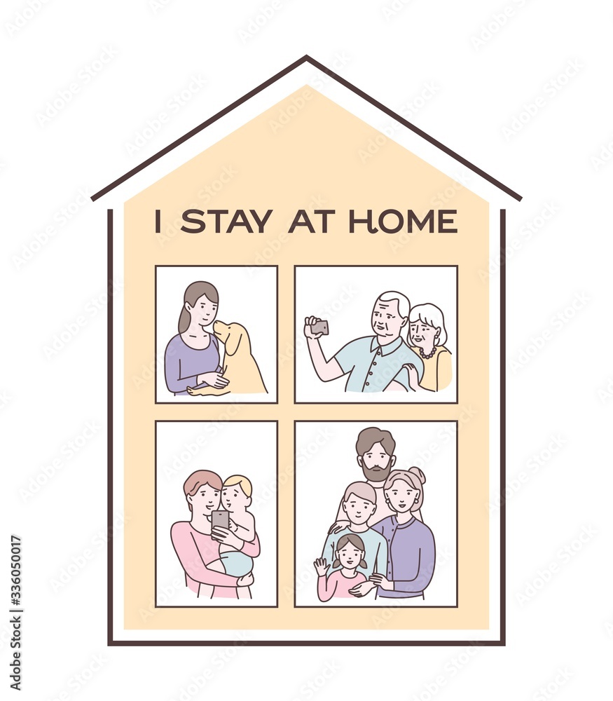 I stay at home awareness social media campaign and coronavirus prevention family, elderly man and woman talking via video, mom with a child, girl with a dog. I stay at home awareness social media campaign and coronavirus prevention family, elderly man and woman talking via video, mom with a child, girl with a dog.