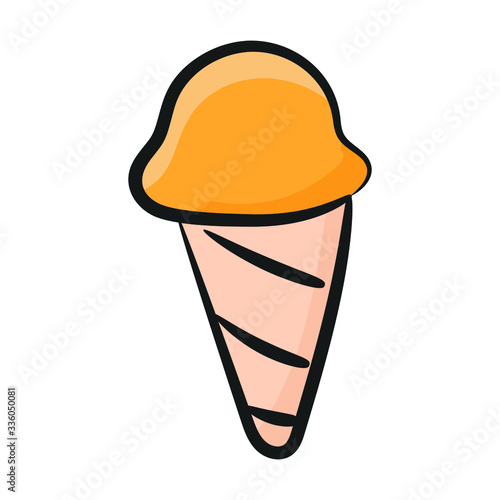 A frozen food item on a waffle cone, ice cream cone
