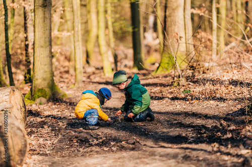 Brüder spielen gemeinsam im Wald auf dem Boden