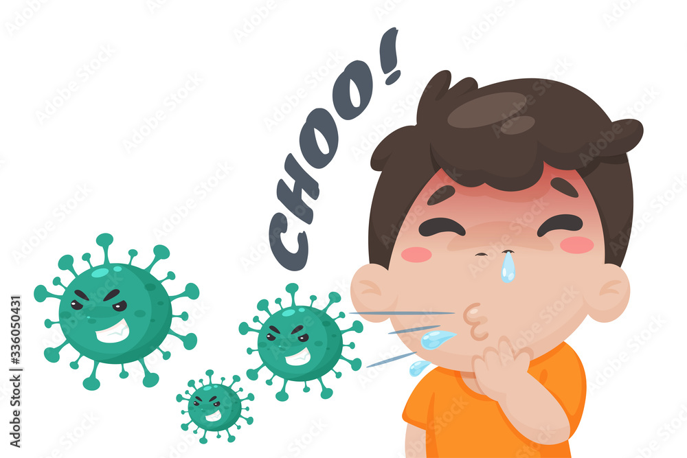 Cartoon sick boy High fever and coughing But he does not wear a mask to prevent the corona virus from spreading. Cartoon sick boy High fever and coughing But he does not wear a mask to prevent the corona virus from spreading.