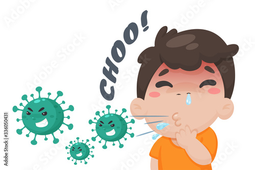 Cartoon sick boy High fever and coughing But he does not wear a mask to prevent the corona virus from spreading.