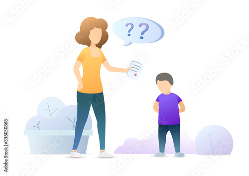 Mom with school magazine is nagging her young son. Poor school performance. Sad child. Vector flat illustration concept on white background.
