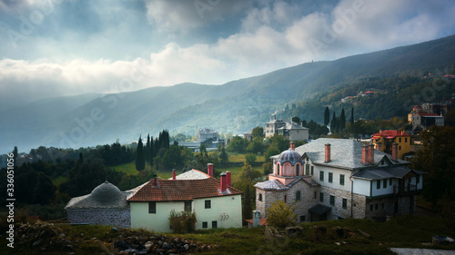 Landscapes and building details in Karyes, capital of Holy Mount Athos photo