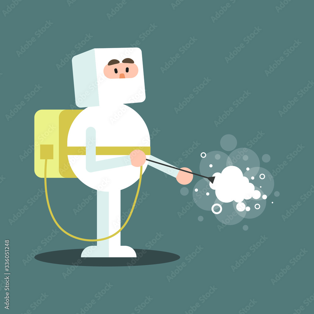 Fototapeta premium Man in Protective Suit and Mask cleaning and disinfecting coronavirus cells epidemic mers-CoV virus disinfect protection concept wuhan 2019-nCoV pandemic health risk. disinfecting City Street, vector