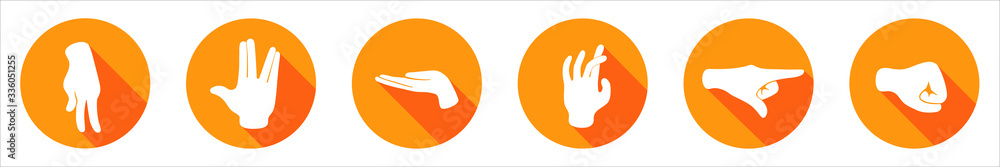Vector flat icon with six items. Sign with hand. Communication symbol. White hand with gesture on orange round background isolated on white. Web button. Mood sticker. Modern illustration Vector flat icon with six items. Sign with hand. Communication symbol. White hand with gesture on orange round background isolated on white. Web button. Mood sticker. Modern illustration
