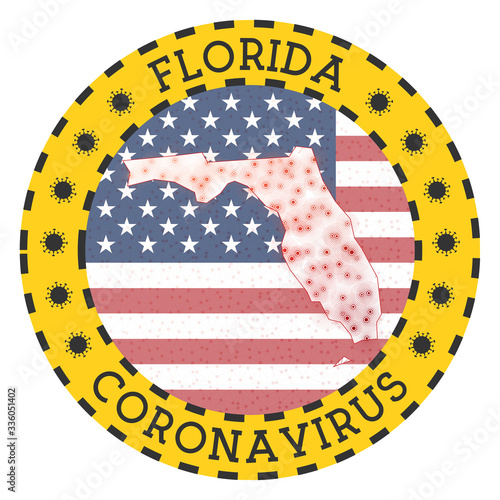Coronavirus in Florida sign. Round badge with shape of Florida. Yellow US state lockdown emblem with title and virus signs. Vector illustration.