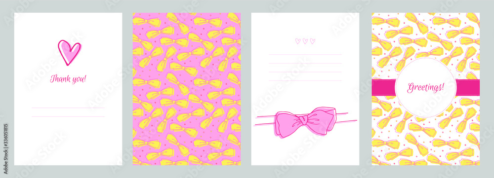 Set of greeting cards. Bright pattern with cute yellow bows.