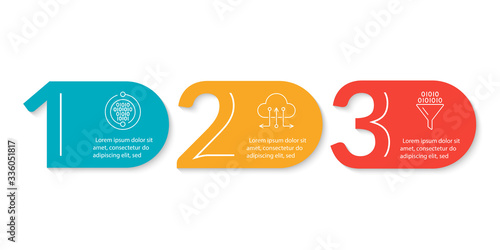 3 steps info graphic for business presentation. Timeline infographics template with outline numbers. Five parts or options for workflow layout design. Vector illustration.