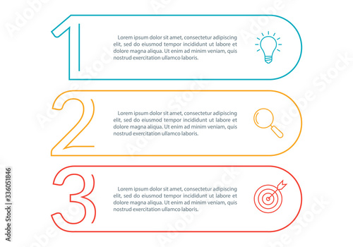 3 steps info graphic with business icons and copy space. Infographics template with outline numbers. Three parts or options for menu and  workflow layout design. Vector illustration.