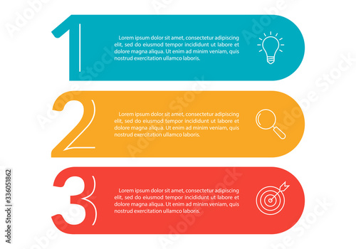 3 steps info graphic with business icons and copy space. Infographics template with outline numbers. Three parts or options for menu and  workflow layout design. Vector illustration.