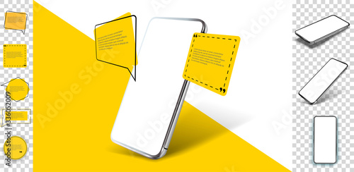 Smartphone frameless blank screen, rotated position. 3d isometric illustration cell phone. Smartphone perspective view. Template for infographics, presentation business card, flyer, brochure, UI/UX