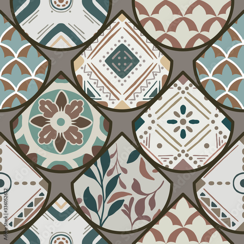 Luxury oriental tile seamless pattern in style of colorful floral patchwork boho chic with mandala in triangle design elements. Flower vector ornament background with eastern motif