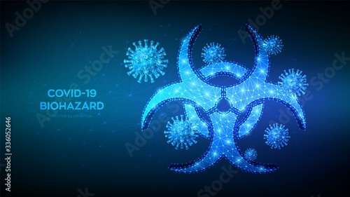 Biohazard symbol and virus cells. Coronavirus 2019-nCoV outbreak. COVID-19 Pandemic concept. Low polygonal abstract biohazard, epidemic, virus alert, infection, quarantine, sign. Vector illustration.