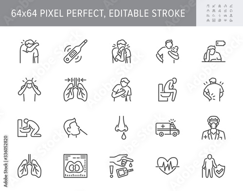 Coronavirus, flue virus symptoms line icons. Vector illustration included icon - cough, fever, lung ct scan, pneumonia prevention outline pictogram for infographic 64x64 Pixel Perfect Editable Stroke