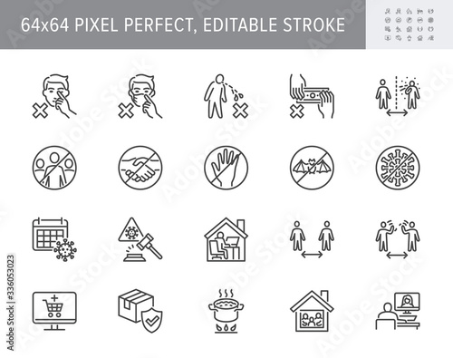 Coronavirus prevention line icons. Vector illustration include icon - social distance, quarantine violation, incubation period, stay home pictogram for infographic 64x64 Pixel Perfect Editable Stroke