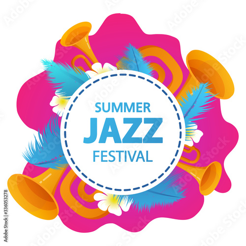 Summer jazz music festival label. Concept of music banner with trumpets. Realistic vector illustration.