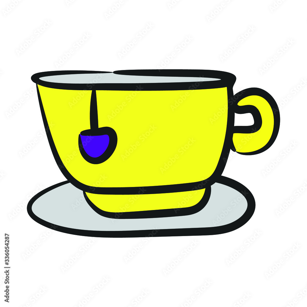 Hot tea cup icon, hand drawn design of cup with saucer Hot tea cup icon, hand drawn design of cup with saucer