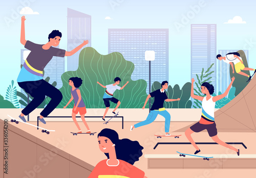 Skateboard park. Fun extreme skating park. Girls boys do tricks with boards, teenagers outdoor activity. Skateboarding vector illustration. Sport city park city, skateboarders skateboarding