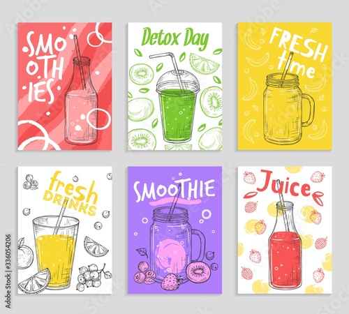 Smoothie flyers. Colorful detox juices, fresh fruit smoothies cards. Vegan lifestyle, sketch berry and banana. Vector drinks illustration. Smoothie sketch, banana and berry freshness beverage
